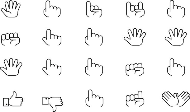 Hand Gesture Line Icon Set with Pointing, Thumbs Up, Fist, Palm, and Counting Finger Symbols for User Interface, Mobile Apps, and Web Designs