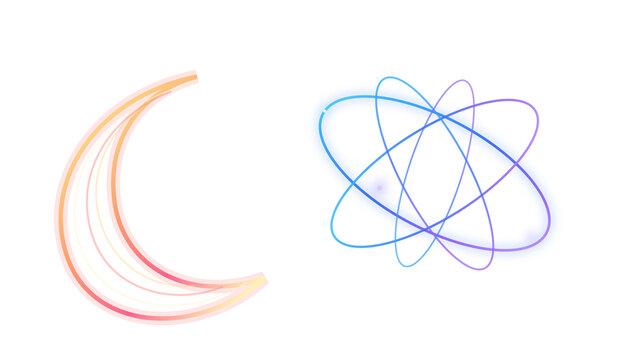 Crescent moon shape glowing with orange and pink light next to atomic orbital path with blue and purple glow on white background
