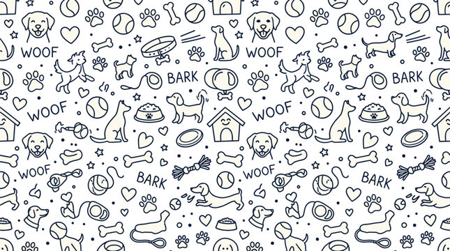 Seamless Dog Doodle Pattern Background Featuring Cute Puppies Bones Balls Houses Collars Leashes and Text Accents for Pet Care Branding Vector Designs
