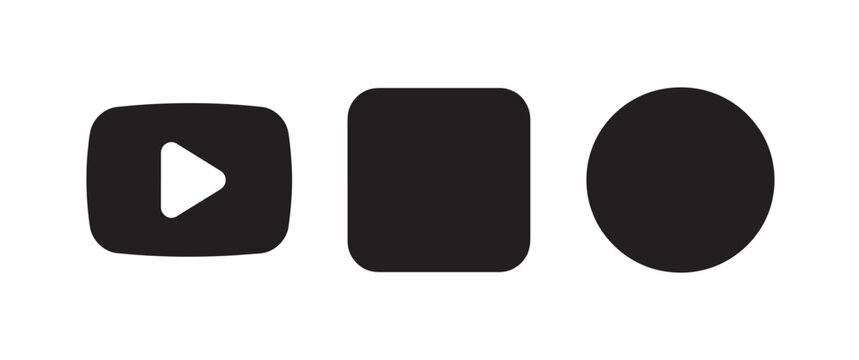 Black user interface featuring a play button in a rounded square, a solid rounded square, and a solid circle on a white background