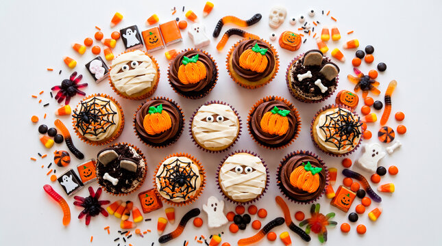 Assortment of Halloween themed cupcakes and candies arranged on a white background