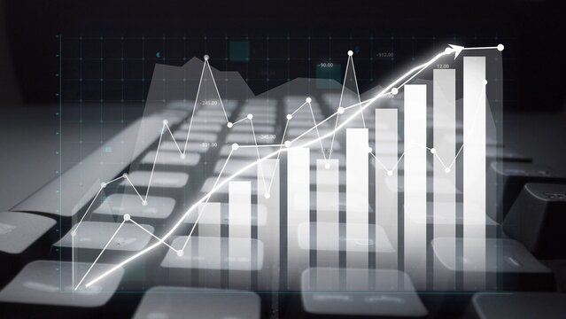 This image illustrates a keyboard with a rising graph overlay, symbolizing financial growth, data analysis, and business success in a modern digital landscape. Copula