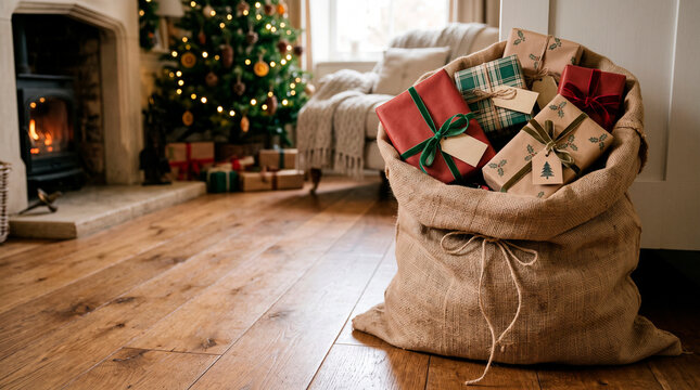 Christmas presents overflowing from a burlap sack near a cozy fireplace and decorated tree