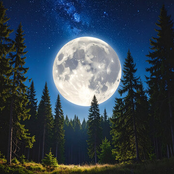 Full moon shining brightly over dark pine forest at night