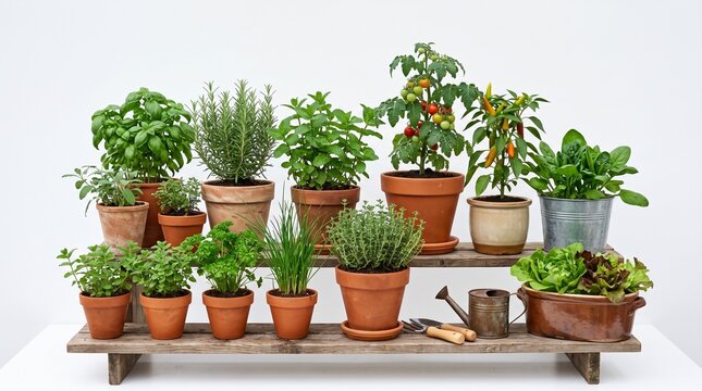 Assortment of Fresh Potted Herbs and Vegetables on Wooden Shelves