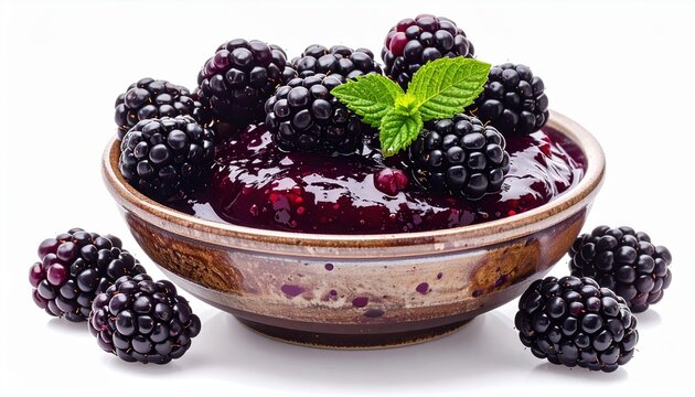 Bowl of homemade blackberry jam isolated on white background