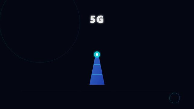 5 g network signal transmission animation: digital communication tower emitting wireless data waves for global connectivity and high-speed 4k