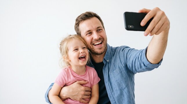 Father and Daughter Laughing While Taking a Selfie Together