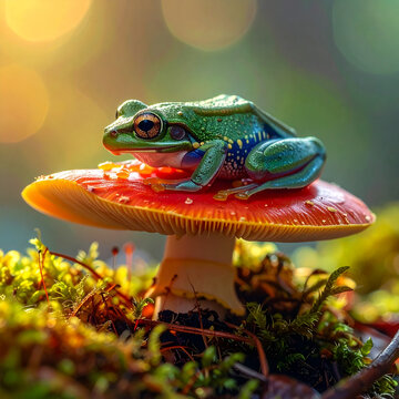 Green tree frog resting on a red mushroom