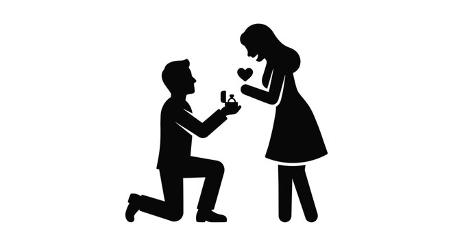 Silhouette of a man proposing to a woman black on white background