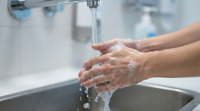 Person washing hands with soap and water under a faucet for World Patient Safety Day to prevent infection and ensure hygiene in a clean clinical hospital setting photography