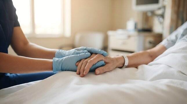 Compassionate healthcare professional wearing blue gloves holding an elderly patient hand in a bright hospital room for World Patient Safety Day concept photography