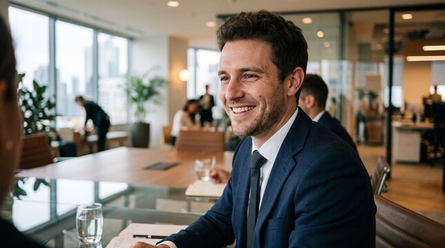 Smiling businessman in a suit in a modern office meeting room