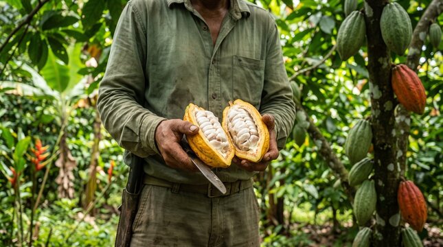 Farmer holding freshly harvested cacao and showing the beans inside, on a tropical plantation.