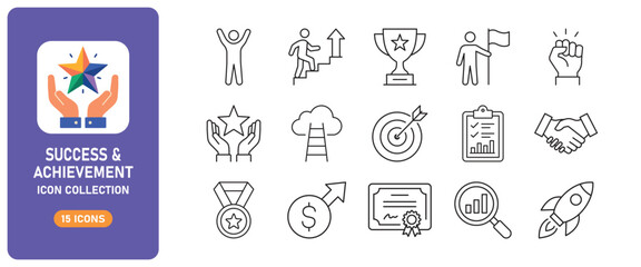 Fototapeta premium Set of Success and Achievement Line Icons for Business Growth, Leadership and Goal Achievement