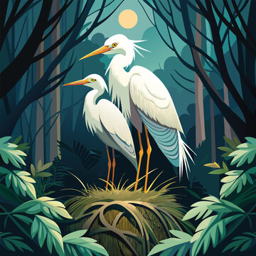 white herons in moonlit woodland vector nature illustration