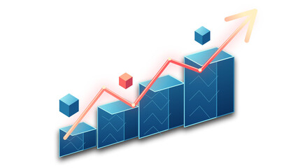 Obraz premium 3D bar chart with upward trending arrow and cubes during bright studio lighting representing growth