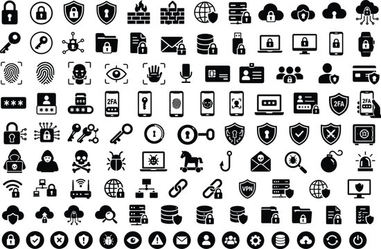 Cybersecurity and Data Protection Silhouette Icon Collection for Network Security Vector Design
