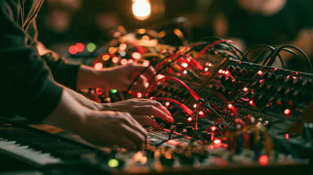 Analog synthesizer close-up with musician hands on mixing board and colorful studio lights for electronic music production