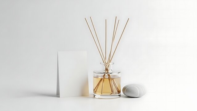 A reed diffuser and a stone on a white surface