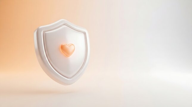 White medical shield with a heart symbol floating on a minimalist pastel background representing healthcare protection for World Patient Safety Day concept in a clean 3D render illustration style