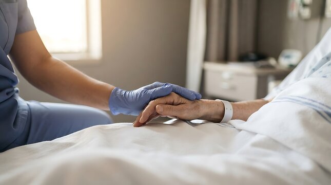 Professional healthcare provider holding an elderly patient hand for comfort and safety in a bright hospital room, symbolizing World Patient Safety Day and geriatric nursing care