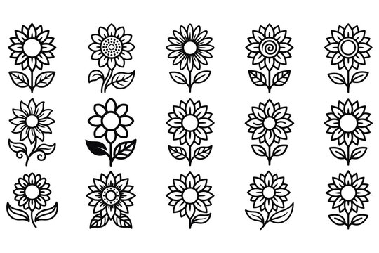 Collection of sunflower icons in a simple line art style for floral design and nature themed projects