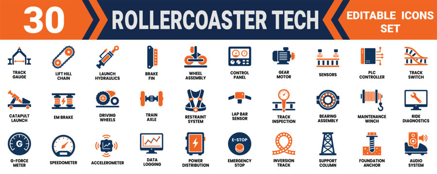 Set of thirty colorful roller coaster technical icons including mechanical parts and ride safety systems Minimal solid fill icon set bundle collection. Editable Vector Illustration Mega pack