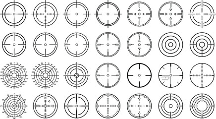Crosshair target aim gun sight radar reticle scope icon set vector illustration outline line art isolated white background © MstBabli