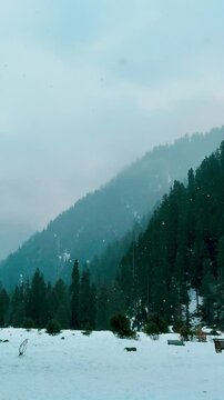 4K Vertical shot of snowfall in mountains at Aru Valley in Pahalgam, Kashmir, India. Snowy valley with a benches at snowy ground. Winter background. Travel and winter holidays concept.