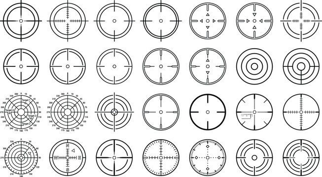 Crosshair target aim gun sight radar reticle scope icon set vector illustration outline line art isolated white background