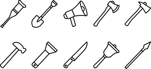 Crutch shovel megaphone axe hammer knife bell spear icon set vector outline tool hardware construction equipment interface campaign © MstBabli