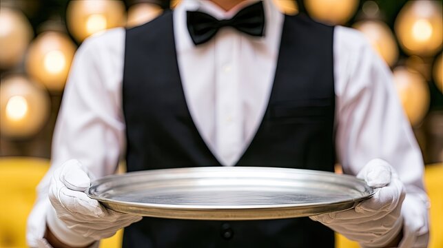 Attentive server in formal attire offers an empty silver tray