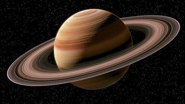 Swirling gas giant with prominent, layered rings, set against starry void