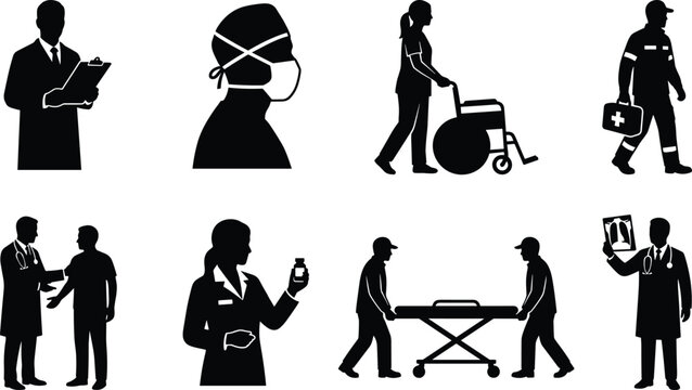 Set of black silhouette icons depicting diverse healthcare professionals, doctors, nurses, and paramedics in various medical situations.