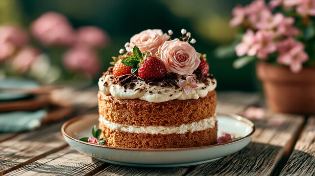 A beautiful two-tier naked sponge cake filled with vanilla cream and decorated with fresh strawberries, chocolate flakes, and delicate pink roses on a rustic wooden table.