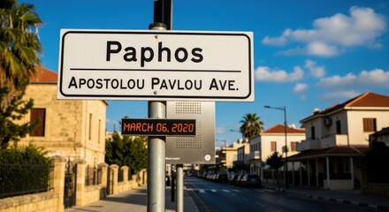 Obraz premium Street Sign In Paphos Apostolou Pavlou Avenue With Date Display