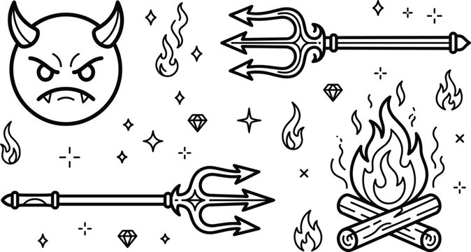 Devil emoji trident pitchfork and hell fire bonfire vector icons set featuring spooky halloween elements thin line illustrations