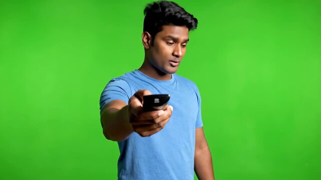Young man using a remote control against a green background.