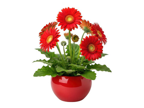 Vibrant red gerbera daisies in a red pot isolated on transparent background