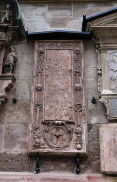 St. Stephen's Cathedral Vienna: Ancient Gothic Stone Relief and Epitaph on Exterior Wall