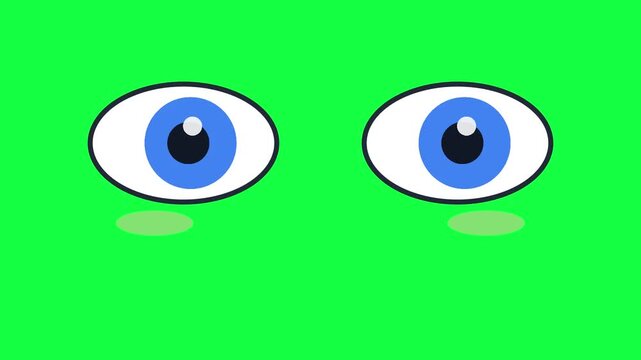 Cartoon blue eyes animation on green screen, expressive animated character eyes blinking, flat vector style eyeballs for video editing and compositing