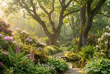 Fototapeta premium Sunlit Garden Path: Lush Greenery, Vibrant Flowers & Serene Stream