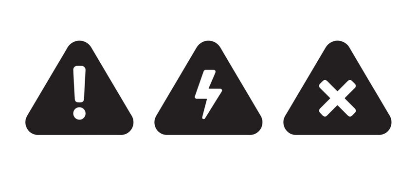 A set of three black warning featuring an exclamation mark, a lightning bolt, and an x symbol inside rounded triangles on a white background
