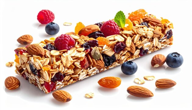 Healthy granola bar with oats, nuts and dried fruits isolated on white background