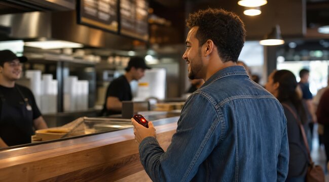 Customer holding restaurant order pager at pickup counter