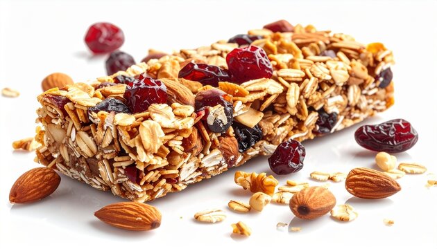 Homemade granola bar with oats and nuts, isolated on white background