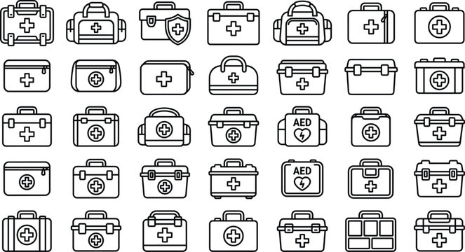 Emergency medical first aid kit outline icon set featuring briefcases duffel bags pouches shield protection and aed boxes