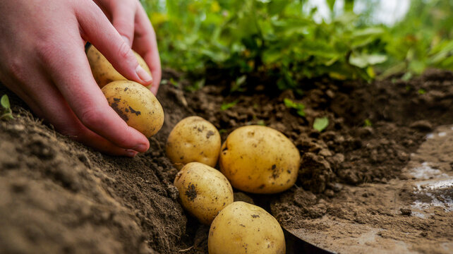Harvesting fresh potatoes from the soil with hands and a shovel