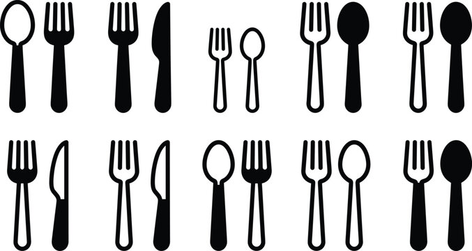 Fork spoon and knife cutlery silverware dining vector icons set featuring solid black glyph and outline design variations